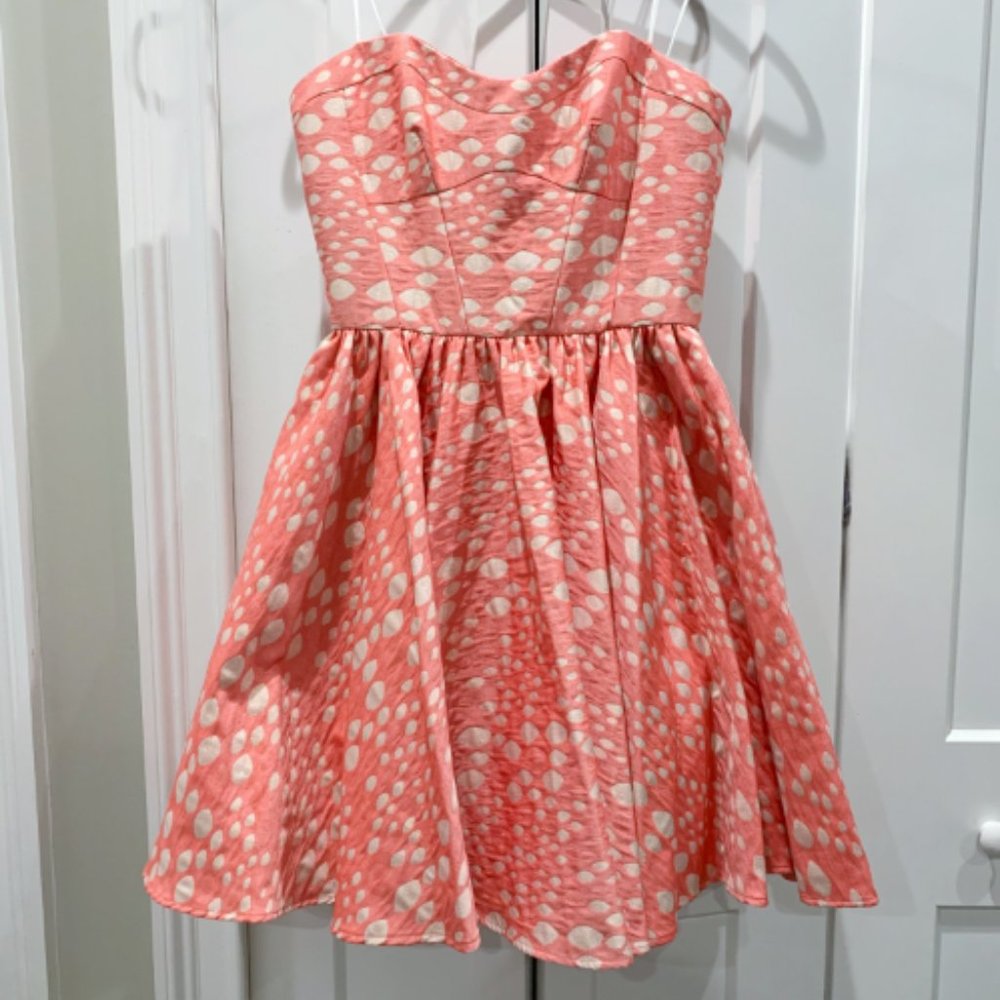 ABS allen schwartz metallic jacquard strapless full skirt dress coral